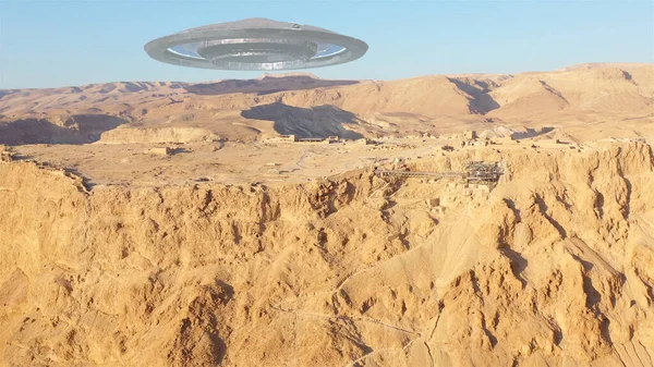 3D görüntüleme, Uzaylı Ufo Ufo Ufo Çöldeki Antik Şehir üzerinde - AerialDrone İsrail 'deki ölü denize yakın Masada üzerinde, 