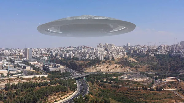 Darstellung Ufo Fliegt Untertasse Über Jerusalem Luftaufnahme — Stockfoto