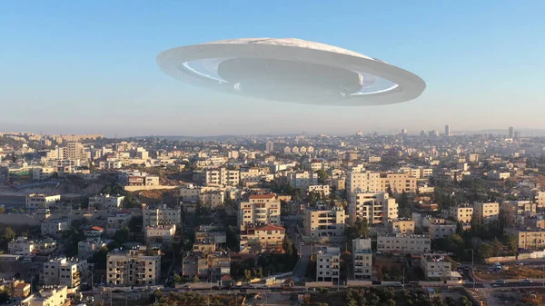 3d rendering, Ufo flying saucer over Jerusalem- Aerial view