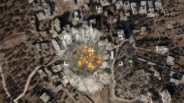 Air strike on Terrorist home, drone attack viewDrone view over village in middle east bombarding target