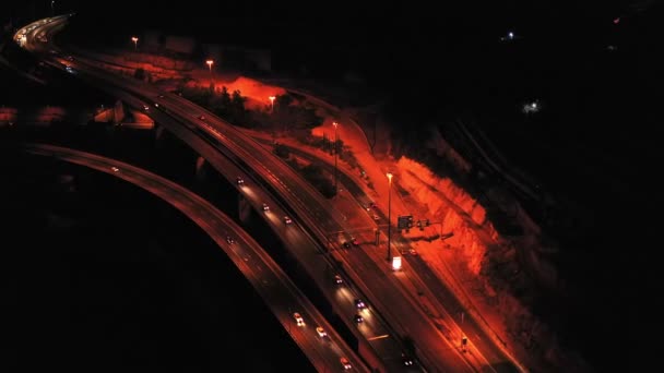 Auto Estrada Com Tráfego Noite Visão Aérea Drone Filmagem Tel — Vídeo de Stock