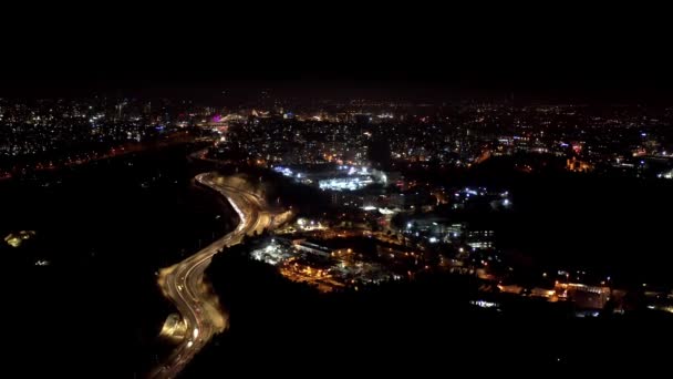 Jerusalem Haupteingang Bei Nacht Luftbildakkordbrücke Mit Stadtbeleuchtung Autobahn Israel — Stockvideo