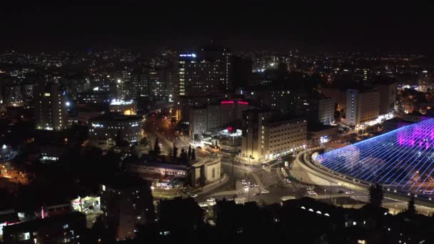 Jerusalem Chords Bridge Night Aerial Viewmain Entrance City Lights Traffic — Stock Video