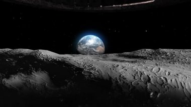 Uçan daire UFO Ay 'ın gölgesinden Dünya' ya doğru geliyor gerçekçi dış uzay görüşü, sinematik görüş, istila konsepti