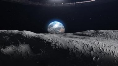 Uçan daire UFO Ay 'ın gölgesi ve ışık demetinden Dünya' ya doğru geliyor gerçekçi dış uzay görüşü sinematik görüş, istila konsepti