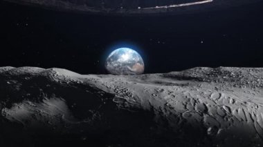 Uçan daire UFO Ay 'ın gölgesinden Dünya' ya doğru geliyor gerçekçi dış uzay görüşü, sinematik görüş, istila konsepti
