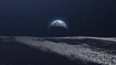Dünya Gezegeni Ay yüzeyinden bakıldığında uzayın gerçekçi dış görünüşü, 3D sinematik görüntü, ayın yüzeyinden görülen mavi dünya 
