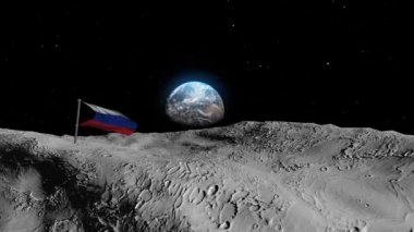 Rusya Bayrağı Ay 'da Dünya' nın arka planında gerçekçi dış uzay görüşü, 3 boyutlu sinematik görüş, Ay yüzeyinden görünen mavi dünya, Birleşik Devletler bayrağı. 