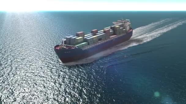 货物集装箱船在开阔的海空视野下 将货物从货场港口出口到定制的海运概念 — 图库视频影像