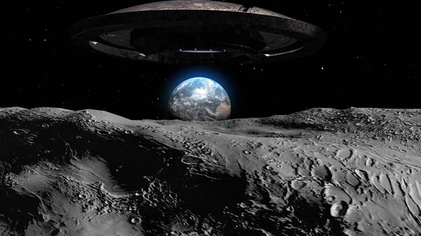 3D uçan daire UFO 'su Ay' dan Dünya 'ya doğru geliyor.