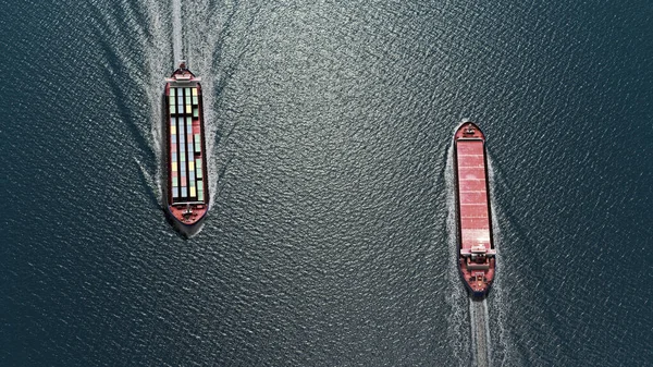 Two Cargo Ships Sailing Close One Dock One Leave Harboraerial — Stock Photo, Image