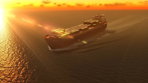 Cargo Container Ship Open Sea Sunset Aerial Viewbeautiful Shot Golden — Stock Photo, Image