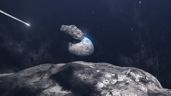 3D рендеринг - гигантский астероид направляется к планете Земля