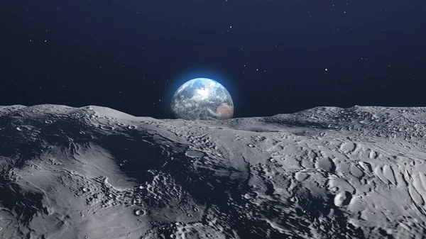 Rendering Planeta Tierra Revelado Desde Superficie Rocosa Luna — Foto de Stock