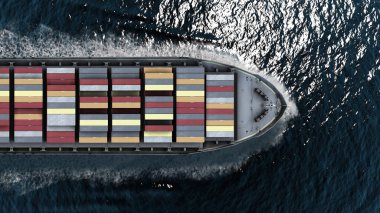 Cargo ship with containers in the Ocean- Aerial top down view , Freight Shipping export and import concept, container ship carries cargo across the ocean. Transportation. Delivery. Logistics. clipart