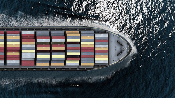 Cargo ship with containers in the Ocean- Aerial top down view , Freight Shipping export and import concept, container ship carries cargo across the ocean. Transportation. Delivery. Logistics.