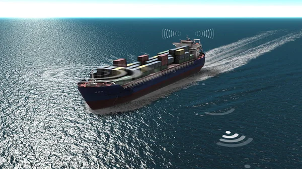 3Dレンダリング 物流輸送のためのレーダー アンテナと無線Lan信号空中ビュー Wifi接続通信レーダーと無線5Gインターネットネットワークを搭載した貨物船 — ストック写真
