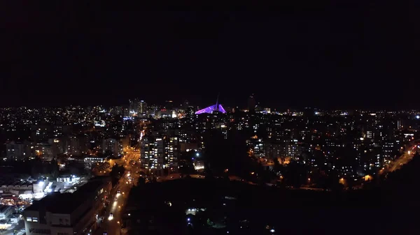 Jerusalem City Bei Nacht Luftaufnahme Akkordeonbrücke Nachtaufnahme Des Haupteingangsverkehrs Und — Stockfoto