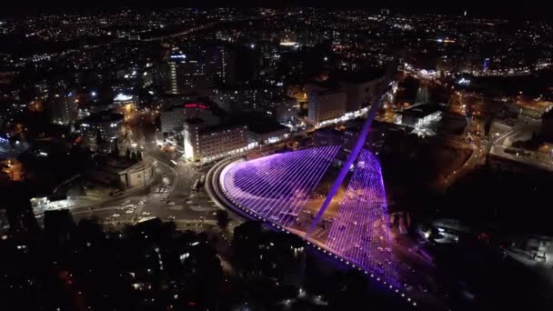 Jerusalem City Bei Nacht Luftaufnahme Akkordeonbrücke Nachtaufnahme Des Haupteingangsverkehrs Und — Stockvideo