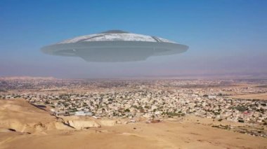 Alien Spaceship ufo hovering over city in the desert - aerial view, drone view over Jericho city in Palestine with visual effect element, invasion sci fi concept