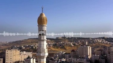 Cami kulesi minaresinden yayılan ses dalgaları, hava manzarası, Filistin bölgesindeki camide ses görüntüleme, Anata mülteci kampı