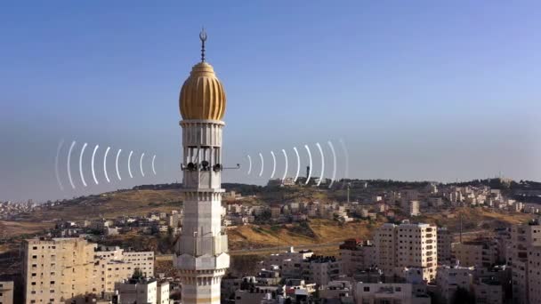 Fale Dźwiękowe Emitowane Wieży Meczetowej Minaret Widok Lotu Ptaka Wizualizacja — Wideo stockowe