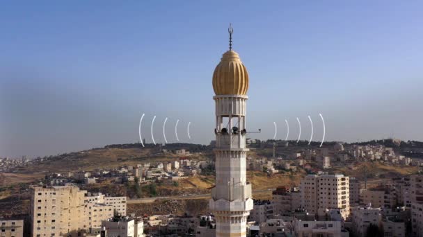 Geluidsgolven Uitgezonden Door Minaret Moskeetoren Luchtfoto Geluidsvisualisatie Moskee Palestina Vluchtelingenkamp — Stockvideo