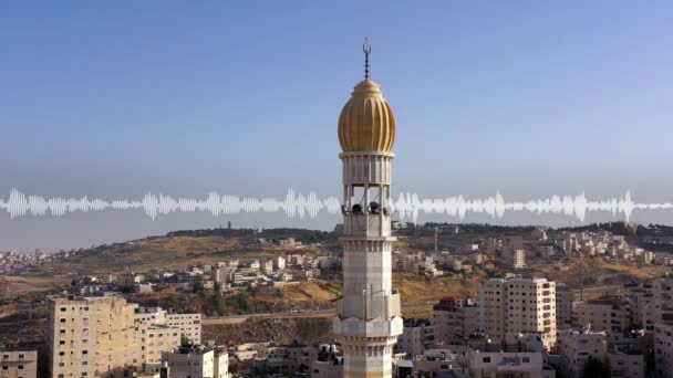 Audio Waves Emitted Mosque Tower Minaret Aerial View Sound Visualization — Stock Video