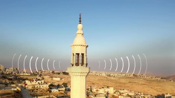 Ondas Audio Emitidas Desde Minarete Torre Mezquita Aérea Visualización Del — Vídeos de Stock