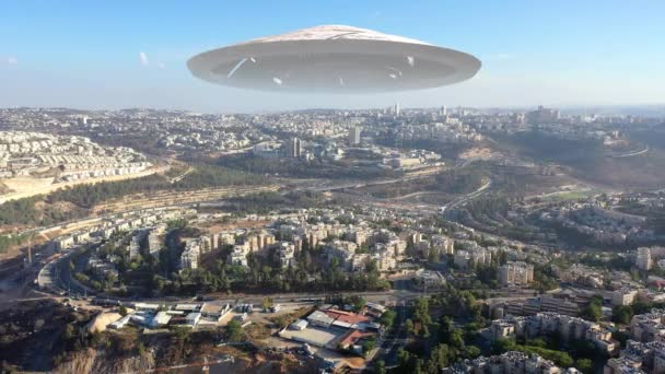 Alien Spaceship Ufo Pairando Sobre Jerusalém Vista Cidade Vista Drone — Vídeo de Stock