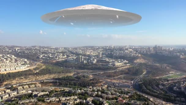 Uzaylı Uzay Gemisi Ufo Kudüs Şehir Hava Görüntüsü Üzerinde Süzülüyor — Stok video
