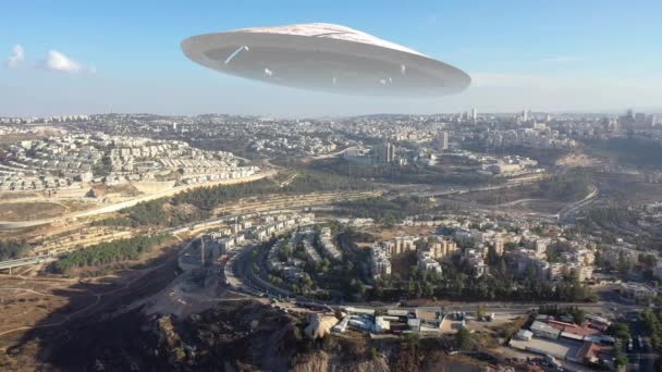 Ovni Nave Espacial Extraterrestre Flotando Sobre Ciudad Jerusalén Vista Aérea — Vídeos de Stock