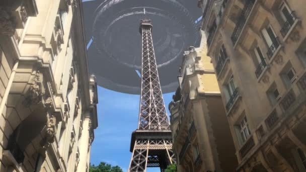 Großes Fliegendes Untertassen Ufo Über Paris Und Dem Eiffelturm Live — Stockvideo