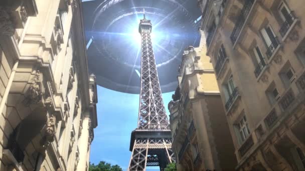 巴黎和埃菲尔铁塔上空的大型飞碟 视觉特效镜头 汽车交通 外星人入侵概念 — 图库视频影像