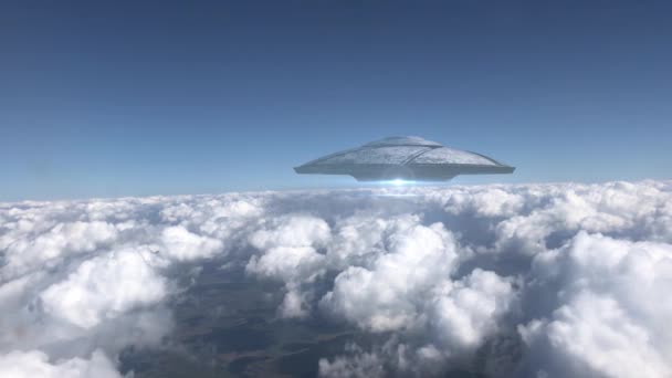 Ufo Flying Saucer Hovering Clouds Metalic Shape Plane Point View — Stock video