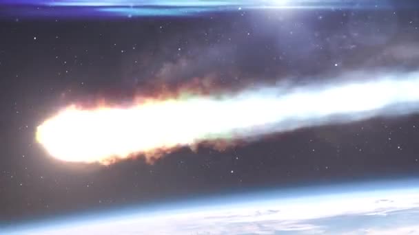 流星小惑星が地球に入る雲の上の大気 地球上に落下する彗星のシネマティックな外宇宙観 — ストック動画
