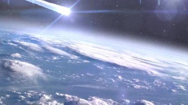 Meteor Asteroid entering earth Atmosphere over the clouds,Cinematic outer space view of comet entering earth