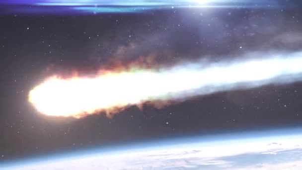 Meteor Asteroid Entering Earth Atmosphere Clouds Cinematic Outer Space View — Stock Video