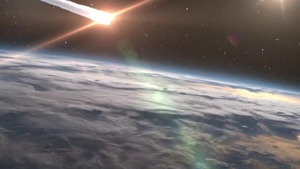 Meteor Asteroid Entering Earth Atmosphere Clouds Cinematic Outer Space View — Stok video