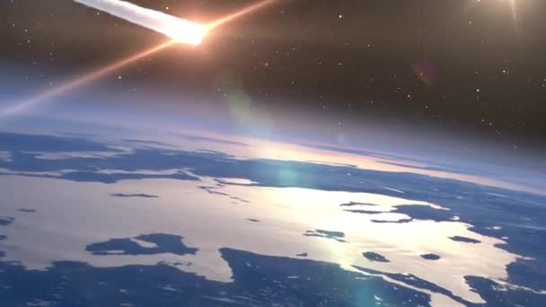 Метеоритный Астероид Входящий Атмосферу Земли Над Облаками Кинематографический Вид Космоса — стоковое видео