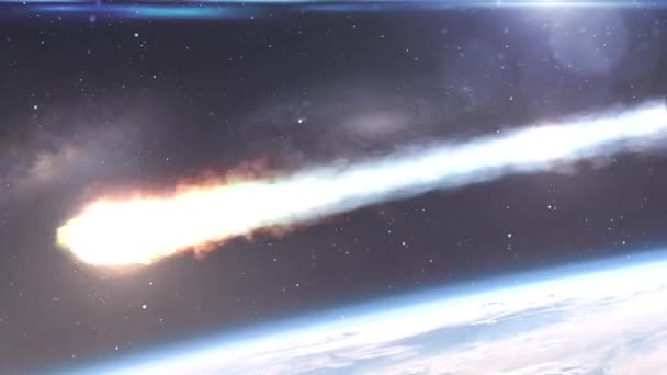 Meteoro Asteroide Entrando Tierra Atmósfera Sobre Las Nubes Vista Cinematográfica — Vídeo de stock