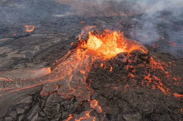 Lava Eruption Volcano Snowy Mountainsdrone View Iceland Hot Lava Magma — Stock Photo, Image