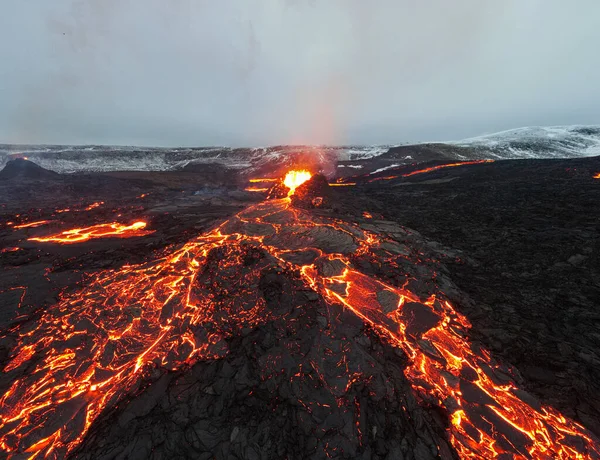 Lava Eruption Volcano Snowy Mountainsdrone View Iceland Hot Lava Magma — Stock Photo, Image