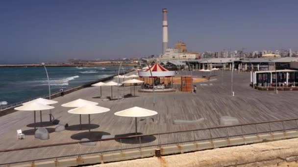 Tel Aviv Empty Promenade Harbor Coronavirus Lockdown Aerial Drone View — Vídeos de Stock