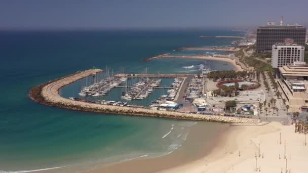 Tel Aviv Coastline Empty Corona Virus Outbreak Aerial Viewbeach Marina — Stock Video