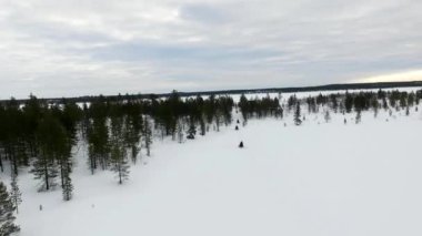 Laponya 'daki kar araçlarıyla yolculuk yapmak, Laponya' daki donmuş kar araçlarıyla ilgili bir sütunla turizmin insansız hava aracı görüntüsü