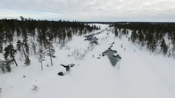 Ομάδα Ανθρώπων Στο Χιόνι Της Λαπωνίας Εναέρια Άποψη Drone Λίμνη — Αρχείο Βίντεο