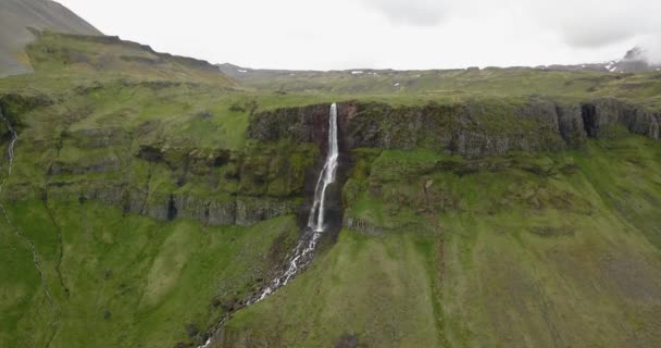 アイスランドの緑豊かな景色を望む大きな滝の空中ビュー2月2021アイスランドの素晴らしい滝の上のドローンビュー — ストック動画