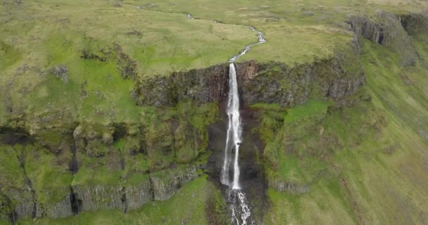 アイスランドの緑豊かな景色を望む大きな滝の空中ビュー2月2021アイスランドの素晴らしい滝の上のドローンビュー — ストック動画