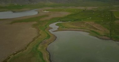 Nehir dağdan denize, Kuzey İzlanda 'dan, İzlanda' dan hava aracı görüntüsü, Şubat 2021